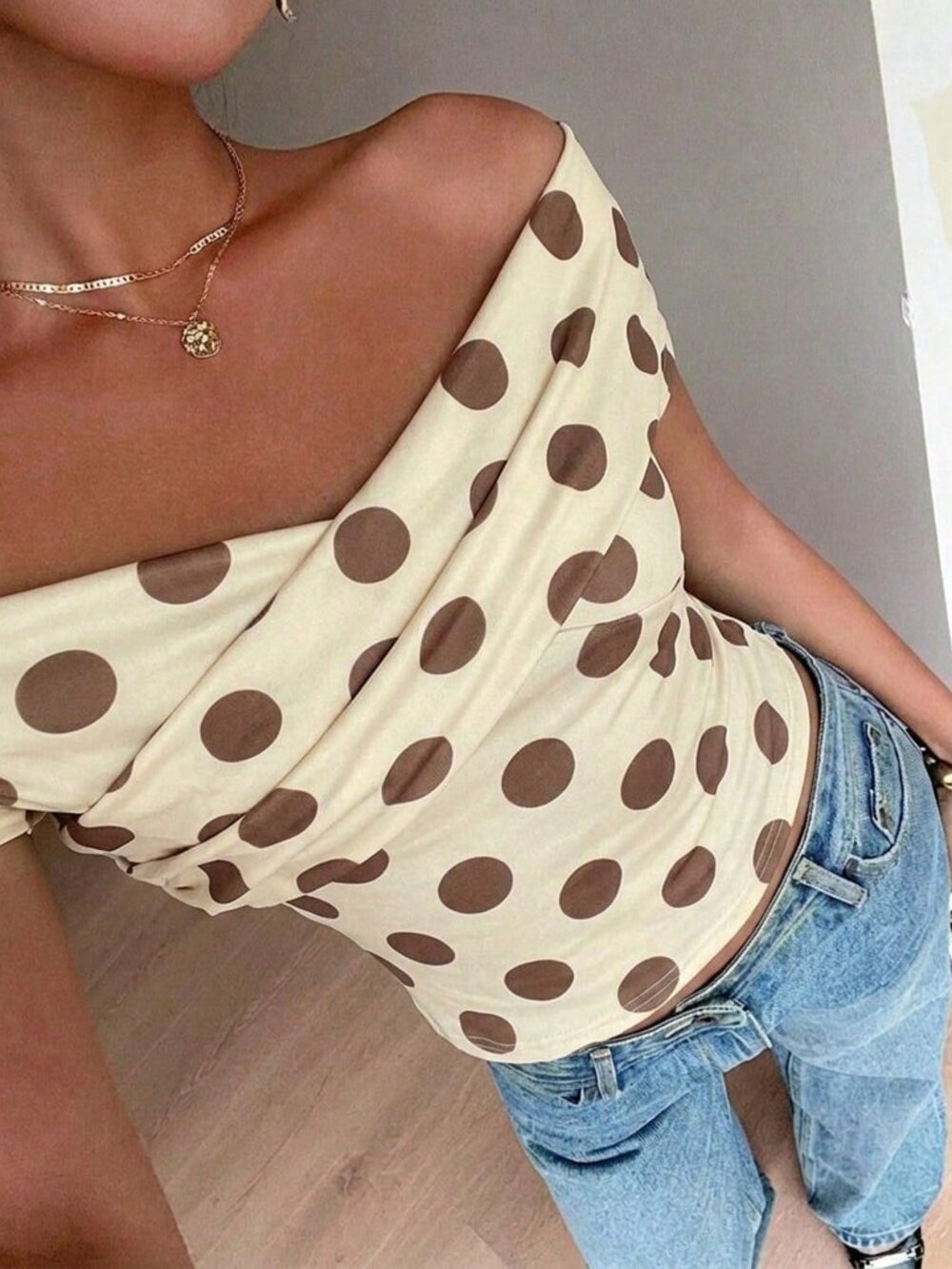 Multicolor Casual Women's Off-Shoulder Bodycon Polka Dot Print T-Shirt - Picture 1 of 6